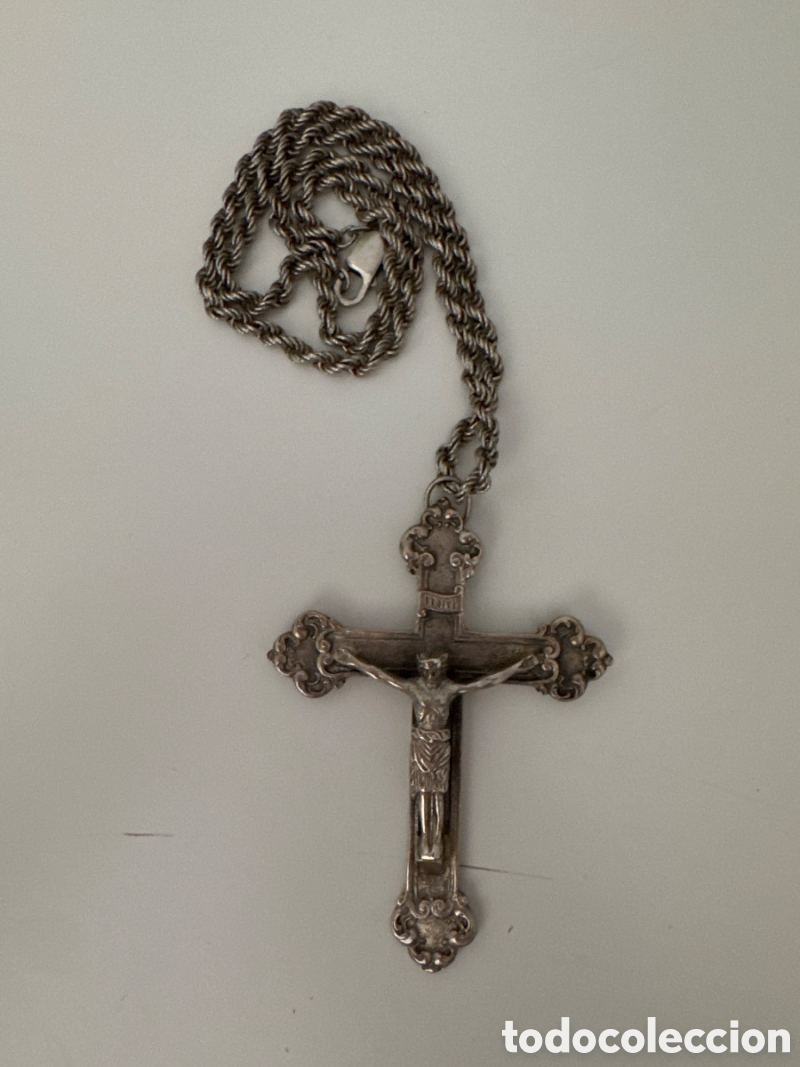 Jewelry: Cruz Grande crucifijo antigua de plata con cadena | religioso vintage