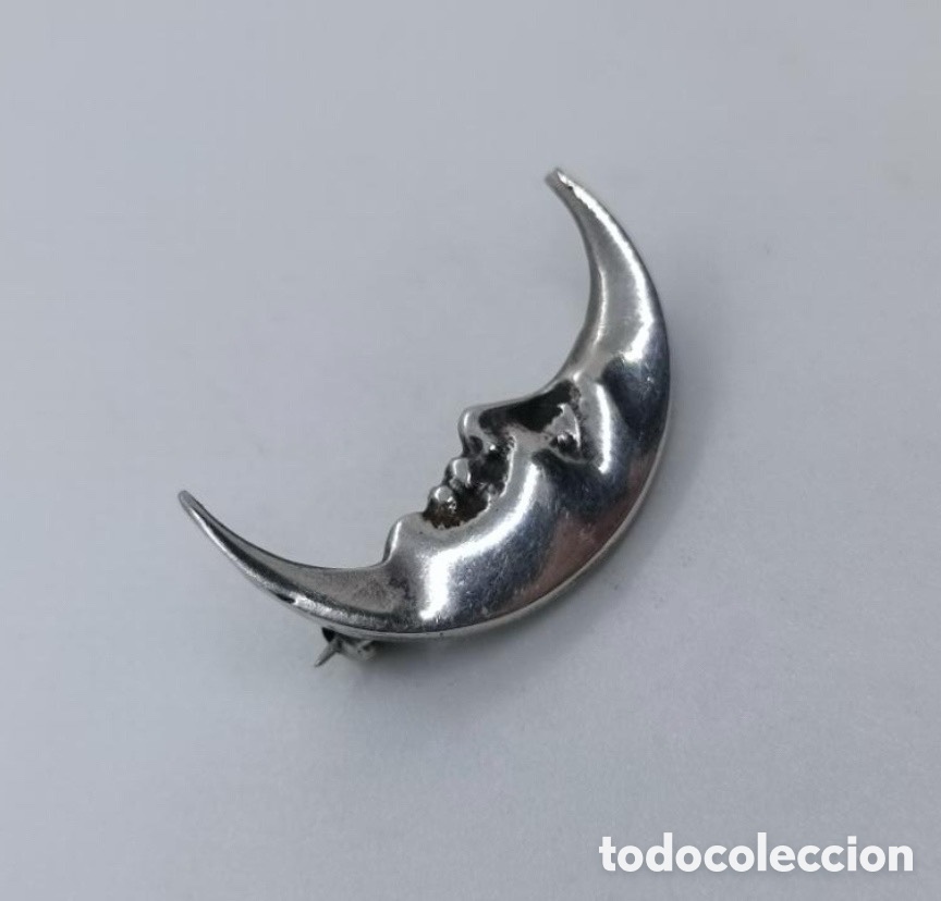 Joyeria: Broche antiguo de plata de ley contrastada forma de luna - Foto 2