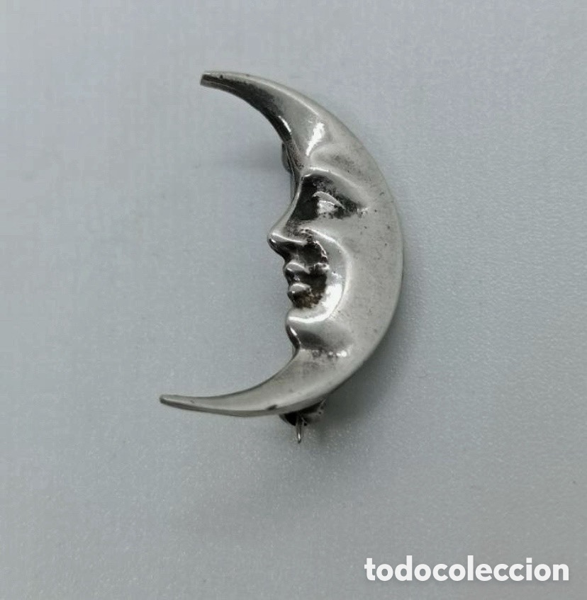Joyeria: Broche antiguo de plata de ley contrastada forma de luna - Foto 1