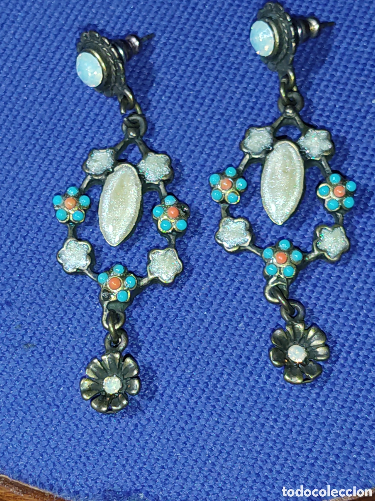 Joyeria: Pendientes largos con esmalte flores.Vintage. - Foto 2