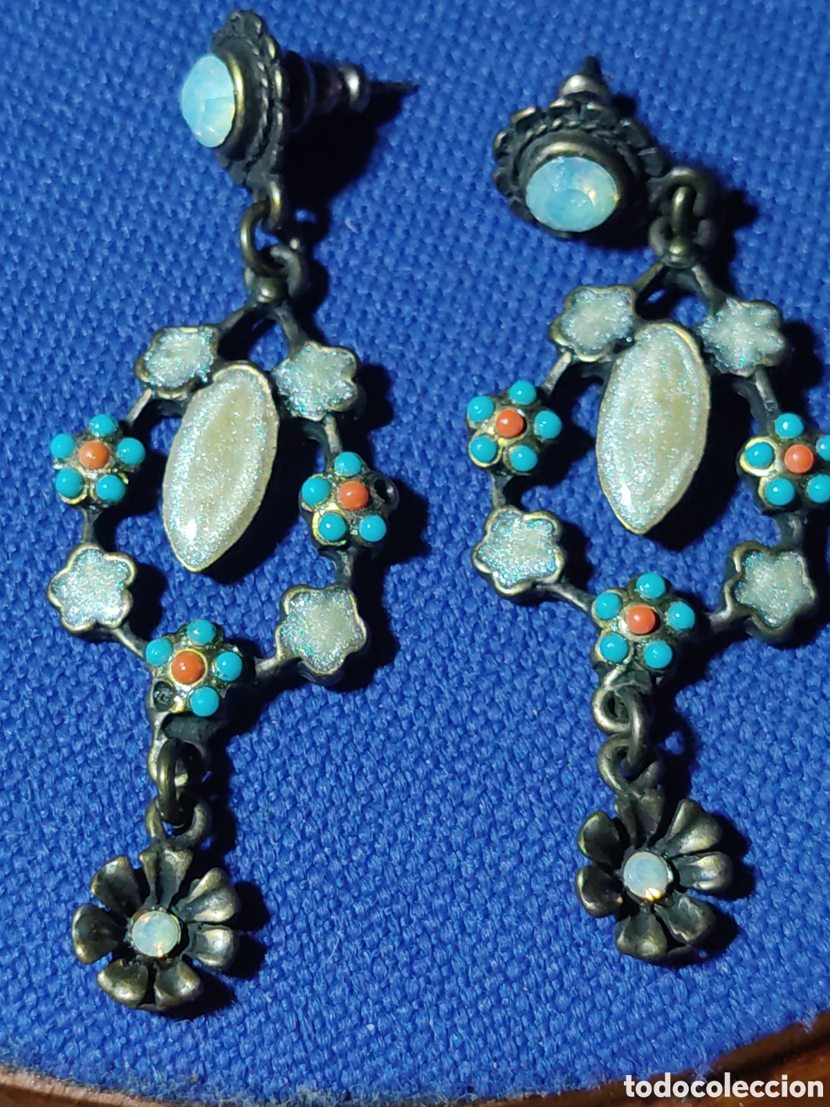 Joyeria: Pendientes largos con esmalte flores.Vintage. - Foto 5