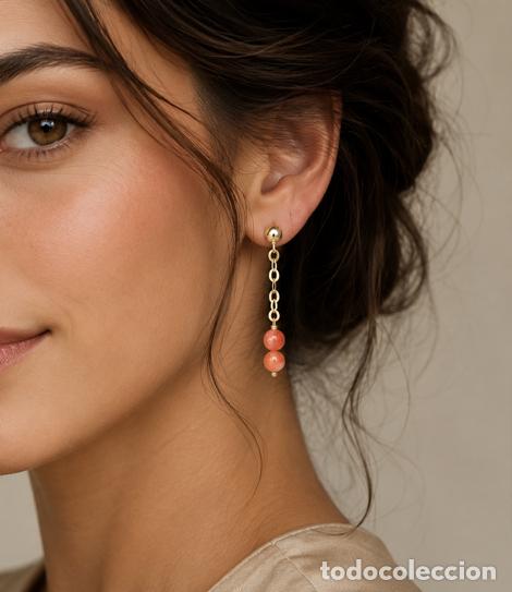 Joyeria: ORO 1&ordf; LEY 750 &middot; FINOS PENDIENTES COLGANTES VINTAGE CON CORAL NATURAL Y ORO 18 KILATES &middot; NUEVOS