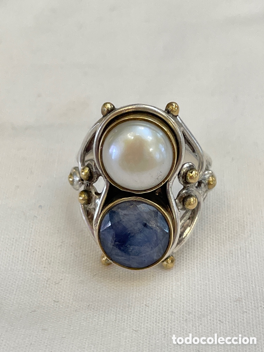 Joyeria: Anillo de plata, perla mabe y zafiro