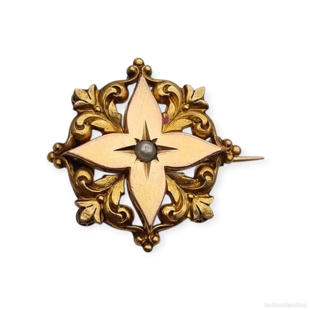 Schmuck: Broche de cuello victoriano FIX en oro laminado y perla central, Francia circa 1900