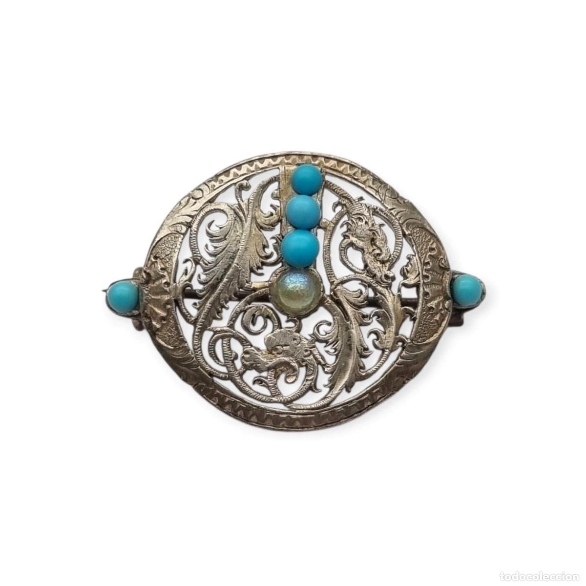 Joyeria: Broche vintage boho &eacute;tnico de plata con cuentas azules y calado vegetal, a&ntilde;os 70-80