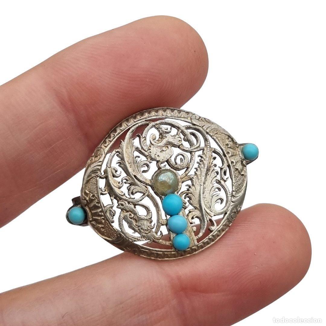 Joyeria: Broche vintage boho &eacute;tnico de plata con cuentas azules y calado vegetal, a&ntilde;os 70-80