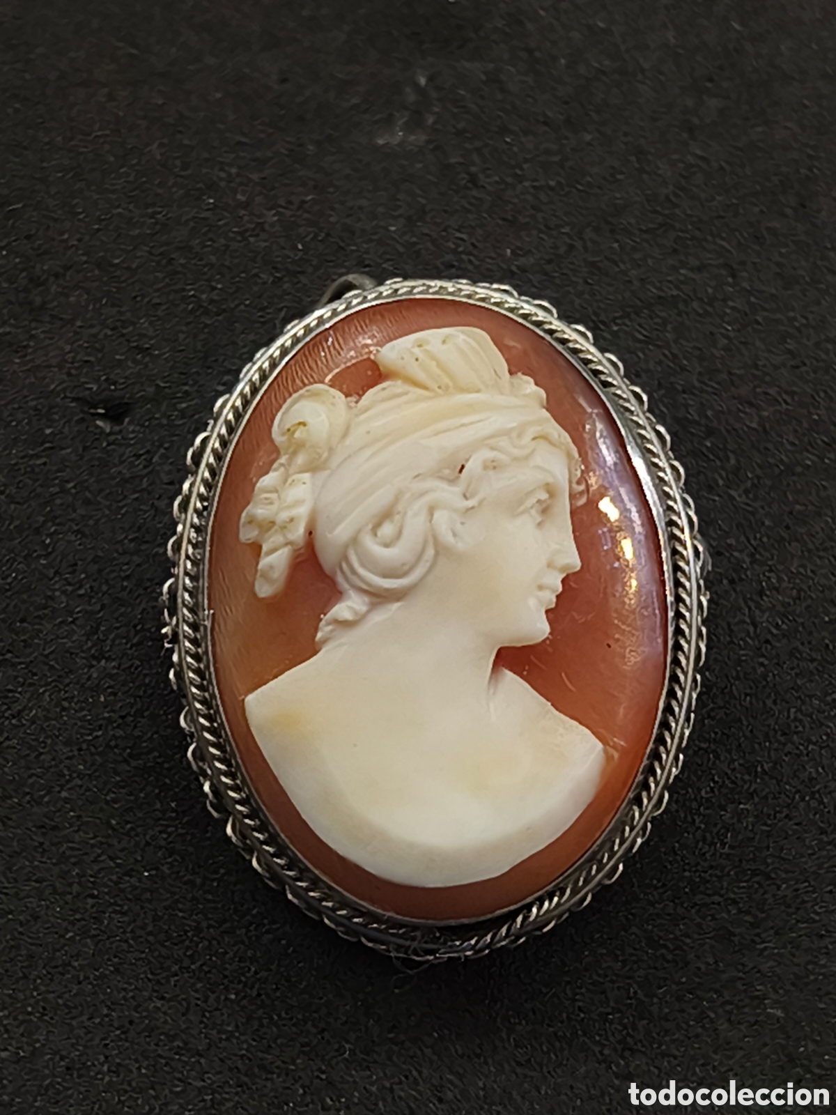 Joyeria: Antiguo colgante / broche camafeo. Plata y concha.