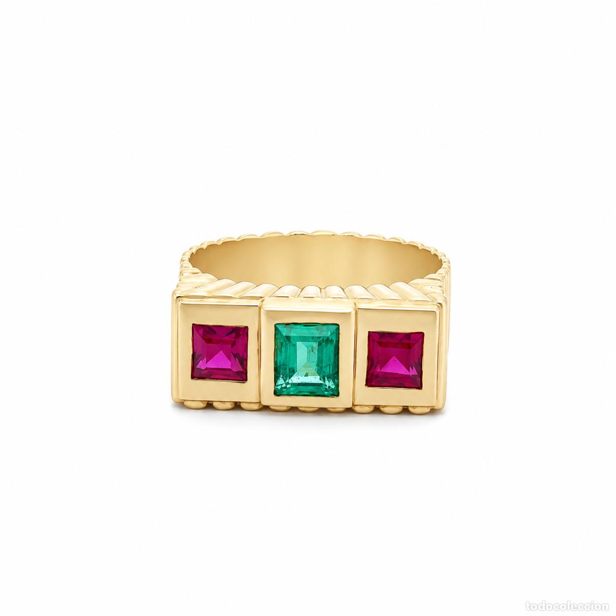 Joyeria: Anillo Art D&eacute;co dise&ntilde;o Geom&eacute;trico con Esmeralda Colombiana y Rub&iacute;es