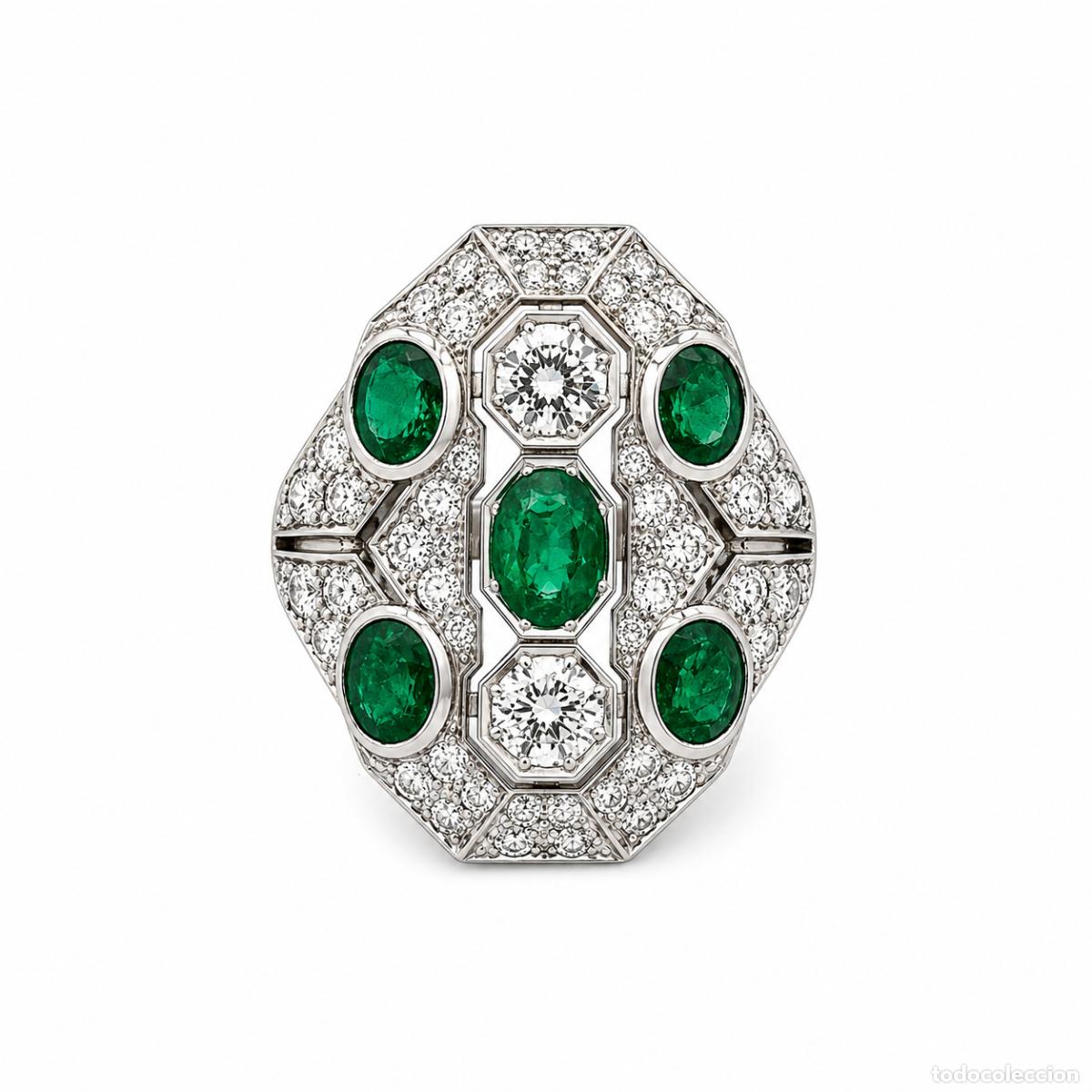 Joyeria: Anillo Vintage Geom&eacute;trico con Esmeraldas Colombianas y Pav&eacute; de Diamantes en Oro Blanco