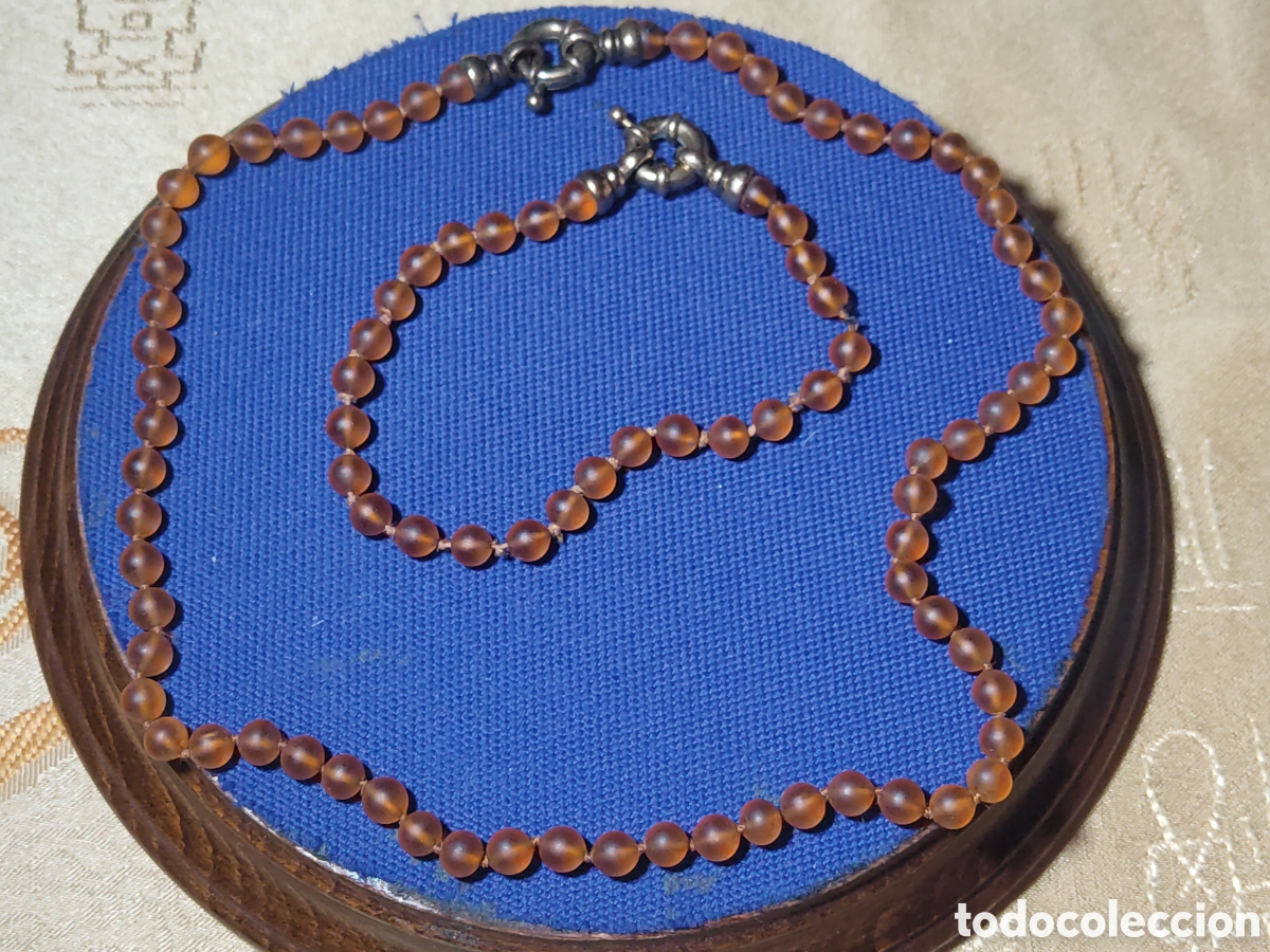 Joyeria: Juego de collar y pulsera de vidrio color &aacute;mbar glaseado.Vintage