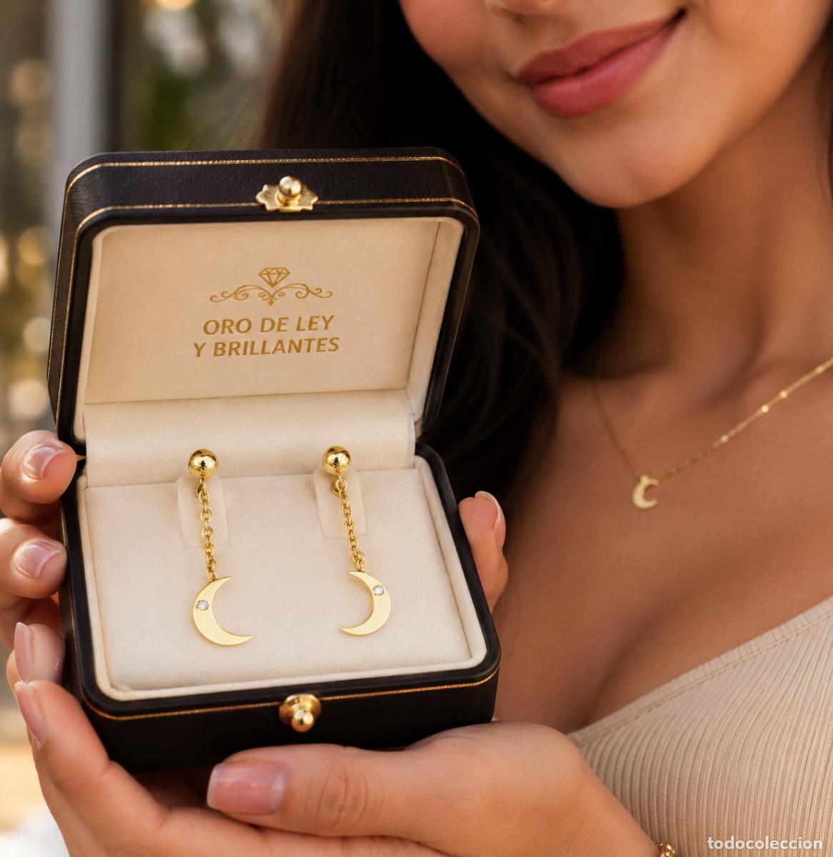 Jewelry: ORO 1&ordf; LEY 18 KILATES Y GENU&Iacute;NOS BRILLANTES &middot; PENDIENTES COLGANTES MEDIA LUNA Y DIAMANTES EN ORO 750