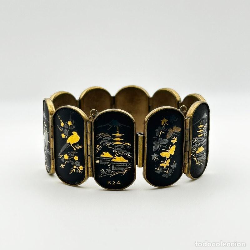 Joyeria: Pulsera adamascada japonesa oro 24K y plata &ndash; paneles articulados paisajes Shōwa, 1950-1965
