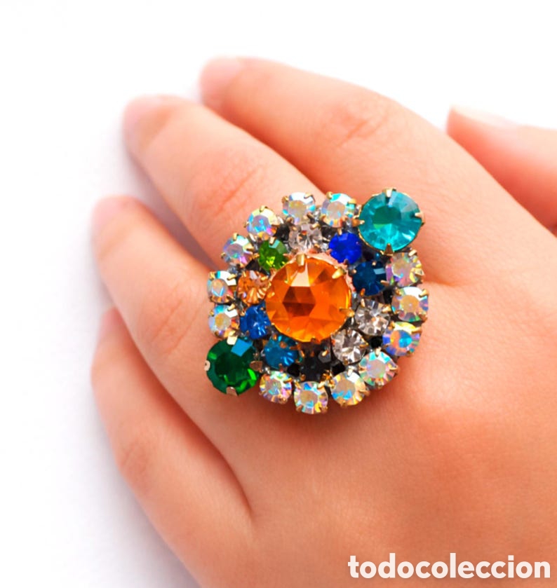 Joyeria: Anillo Art D&eacute;co vintage &ndash; Bot&oacute;n antiguo de cristal de Bohemia &ndash; Anillo grande ajustable