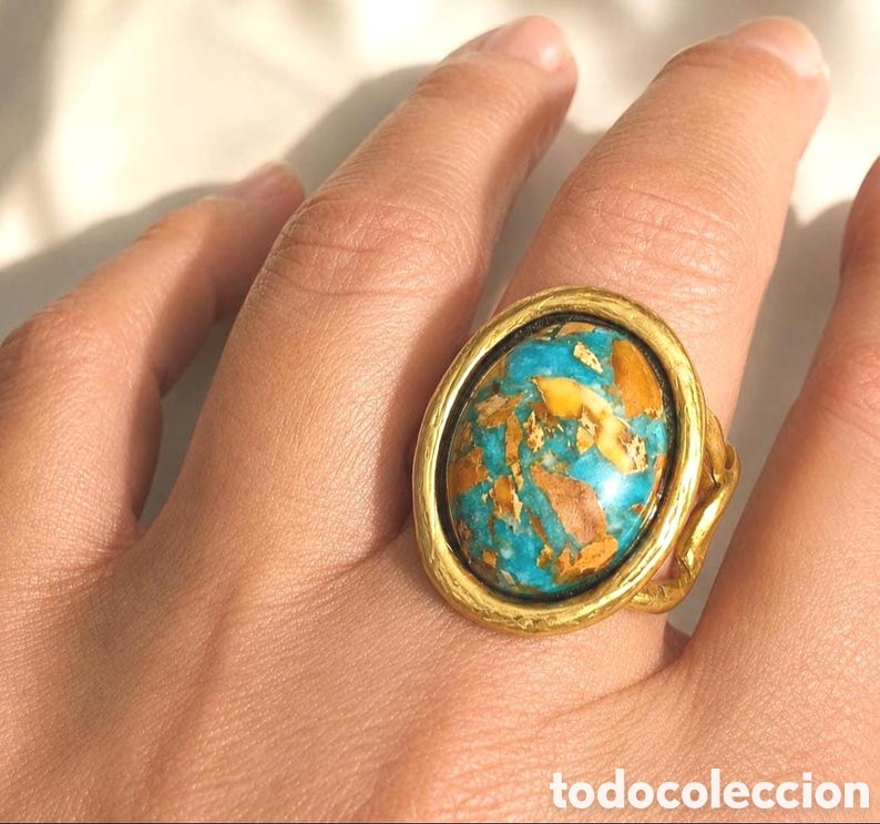 Joyeria: Gran Anillo Joya Turquesa Ajustable Chapado en Oro, Anillo C&oacute;ctel, Dise&ntilde;o