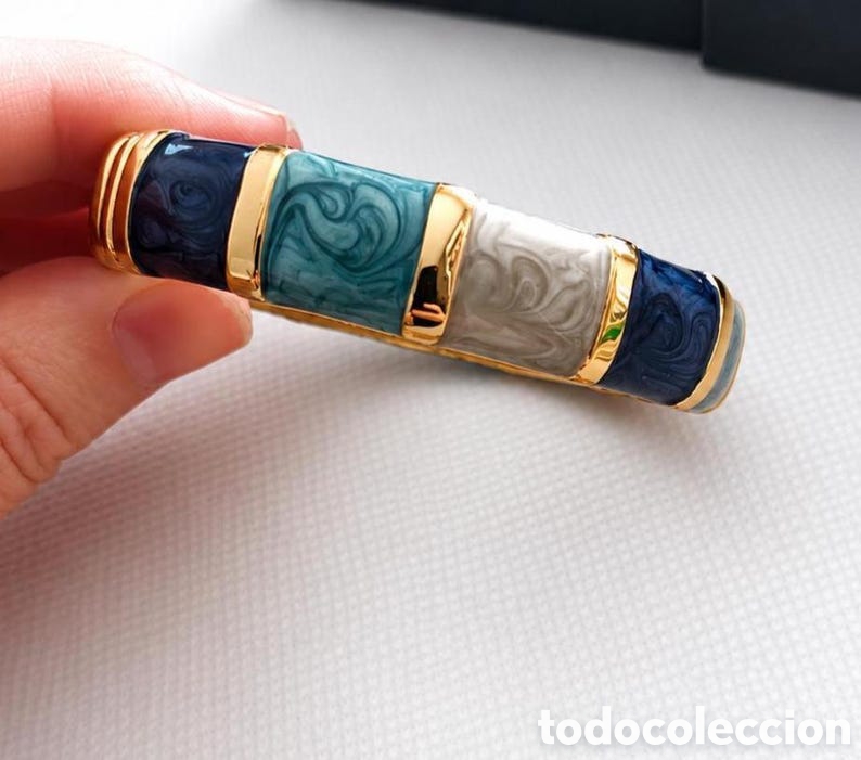 Joyeria: Pulsera Vintage Esmaltada Azul y Dorado | Brazalete dise&ntilde;osr Italiano A&ntilde;os 80 | Joyer&iacute;a Vintage