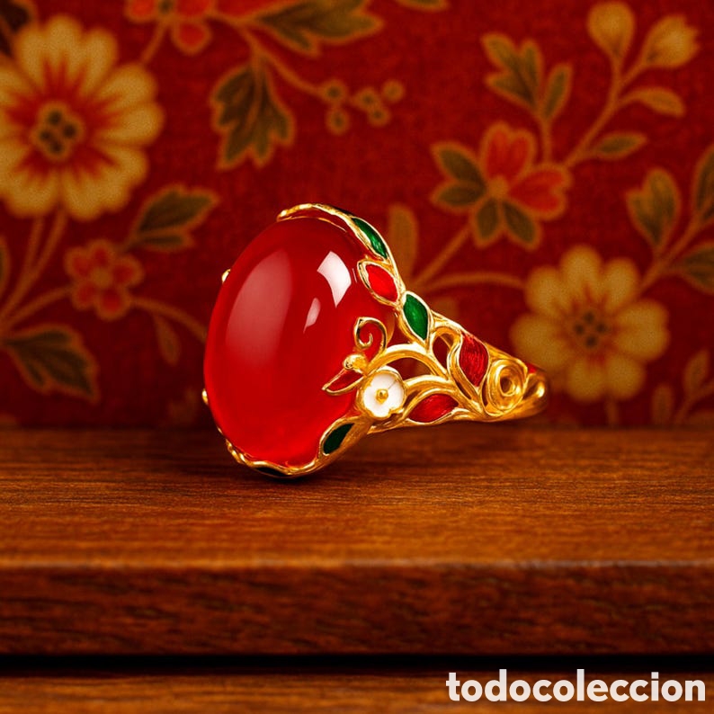 Joyeria: Anillo de cloisonne rojo y verde | Anillo floral esmaltado | Joyer&iacute;a estilo Art Nouveau