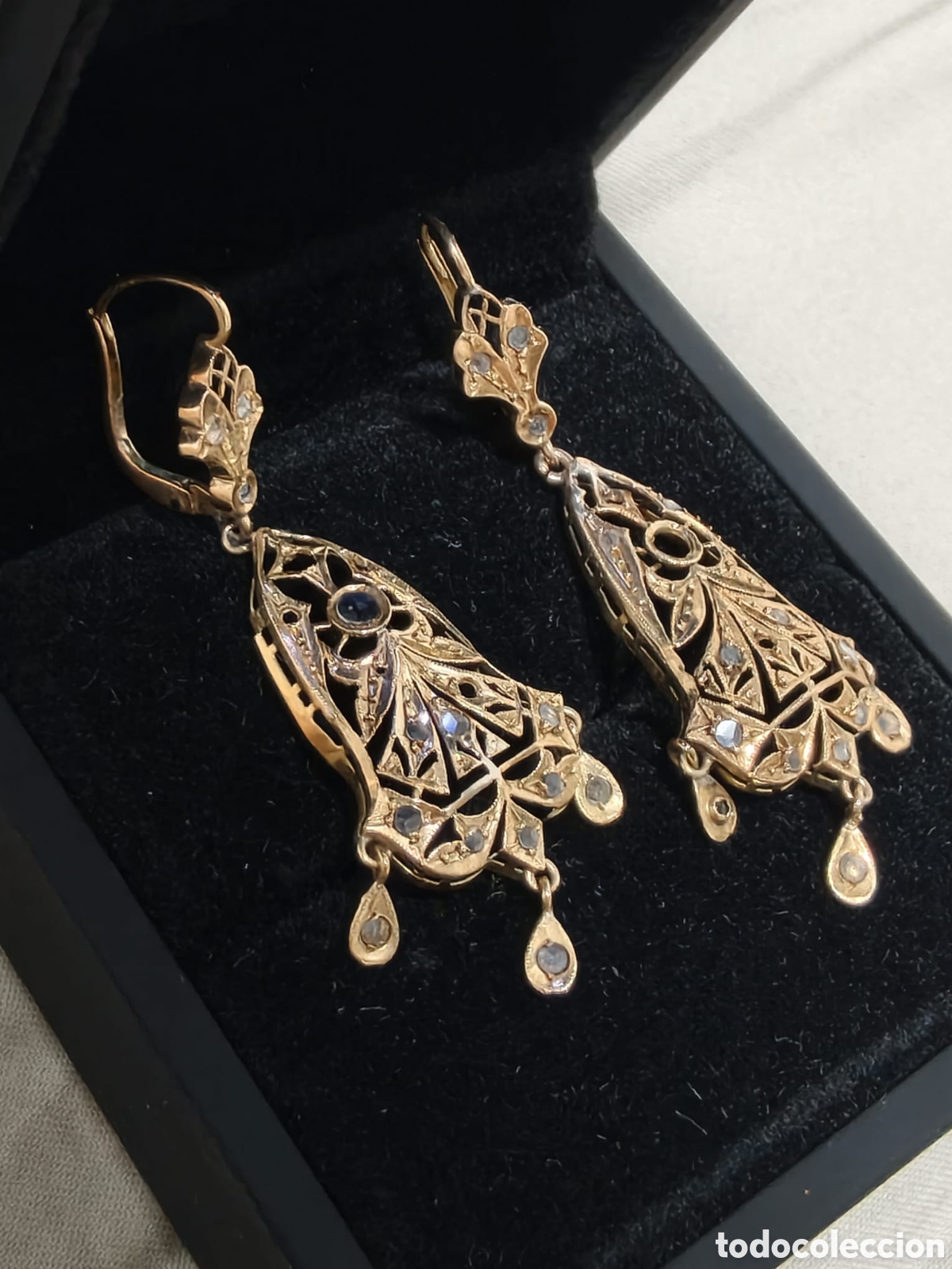 Joyeria: Antiguos Pendientes Largos de &Eacute;poca en Oro 14k y Alj&oacute;fares/Gemas - Estilo Art Nouveau / Belle &Eacute;poque