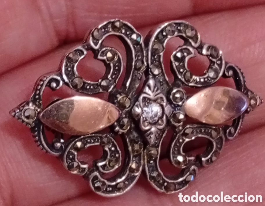 Joyeria: Precioso peque&ntilde;o Antiguo broche de plata oro y piedras preciosas