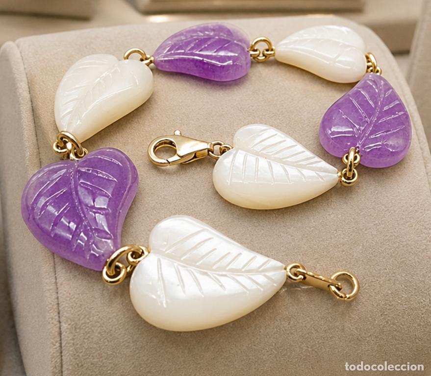 Joyeria: EXQUISITA PULSERA CON BELLAS AMATISTAS, NACAR NATURAL HOJAS TALLADAS Y LABRADAS ORO AMARILLO 333