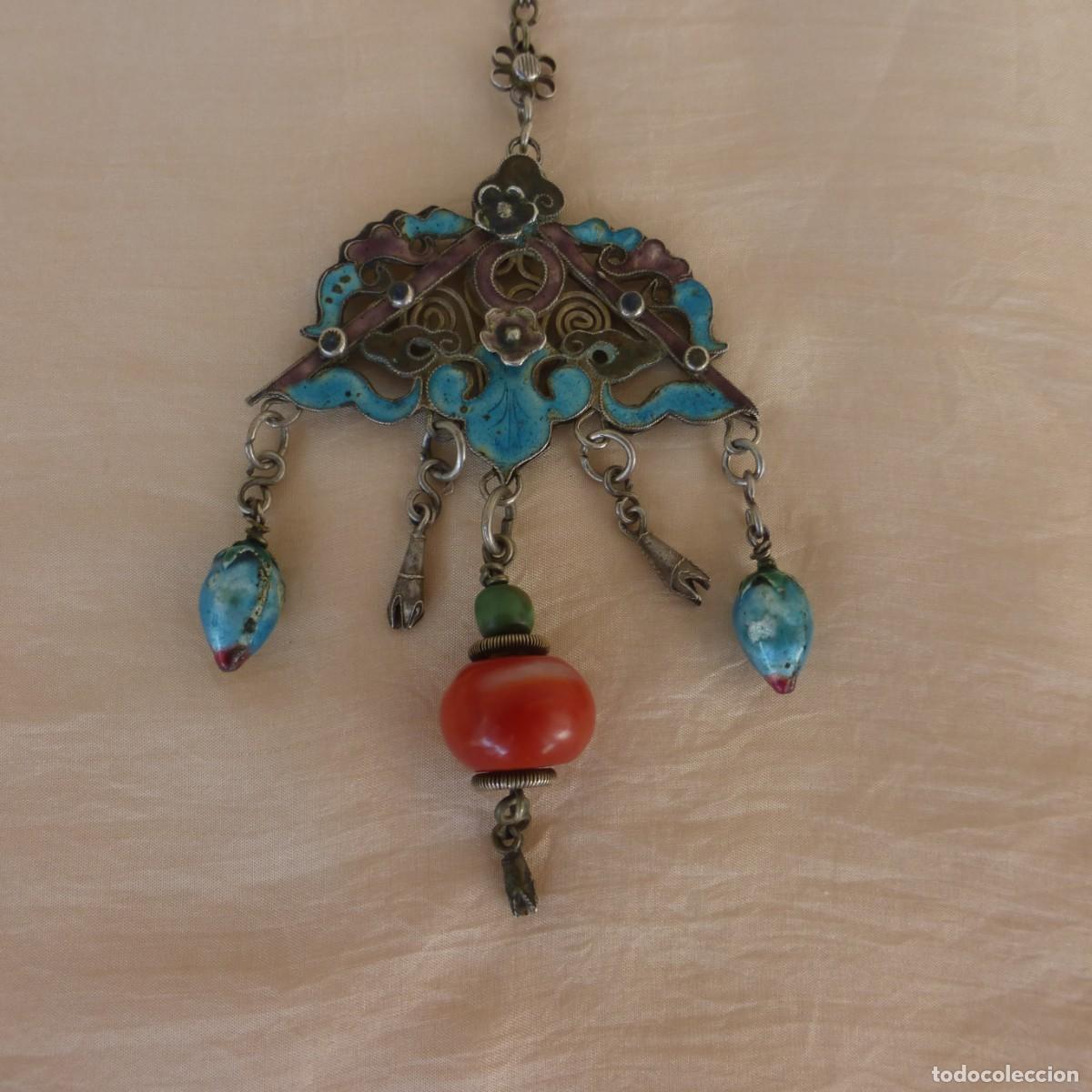 Joyeria: ANTIGUO COLGANTE COLLAR CHINO QING S XIX PLATA ESMALTE CORAL VICTORIAN CHINESE PENDANT SILVER ENAMEL