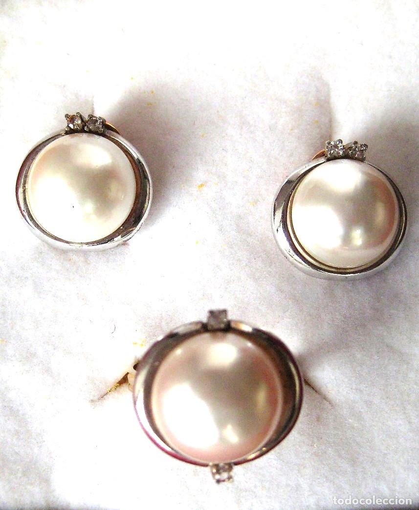 Schmuck: CONJUNTO PENDIENTES Y ANILLO ORO DORADO Y BLANCO 18 K. PERLAS Y CIRCONITAS - SIN ESTRENAR -