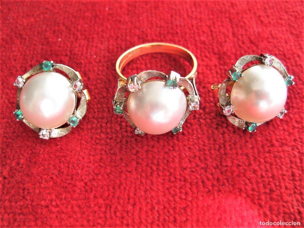 Schmuck: CONJUNTO PENDIENTES Y ANILLO ORO DORADO Y BLANCO 18 K. PERLAS Y CIRCONITAS - SIN ESTRENAR -