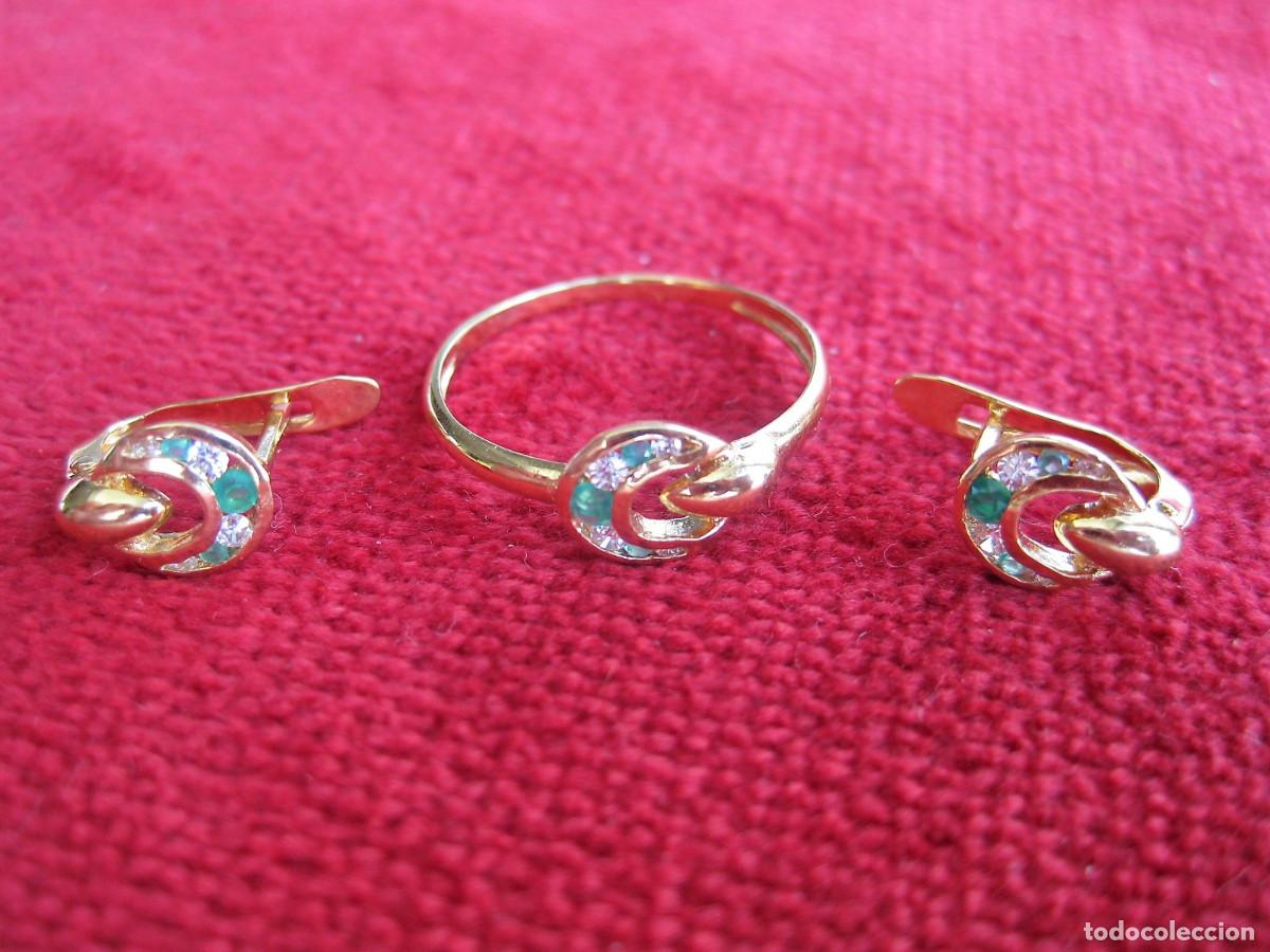 Gioielleria: CONJUNTO PENDIENTES Y ANILLO ORO 18 KLTS. CON CIRCONITAS Y PIEDRAS SEMIPRECIOSAS VERDES - SIN ESTREN