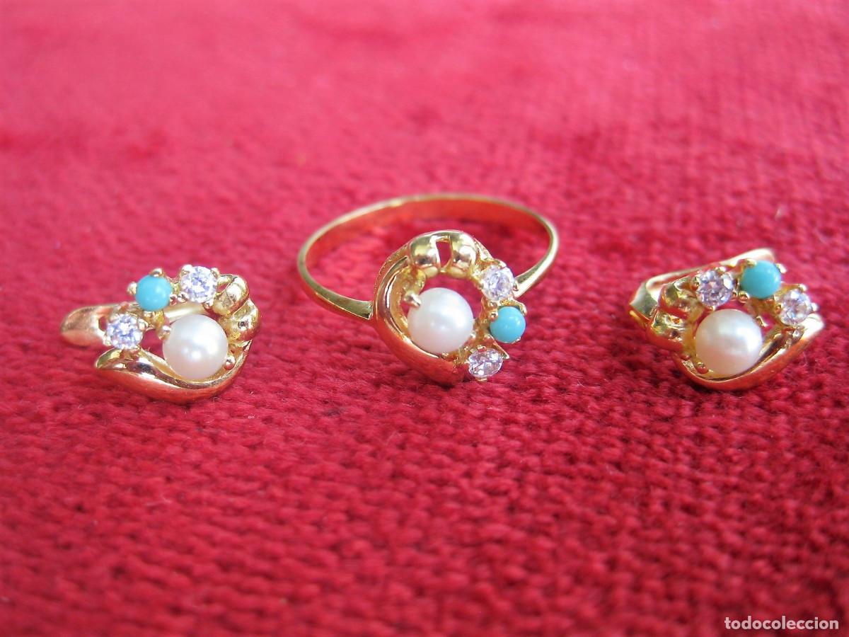 Schmuck: CONJUNTO PENDIENTES Y ANILLO ORO 18 KLTS. CON PERLAS, CIRCONITAS Y PIEDRAS SEMIPRECIOSAS AZUL TURQUE