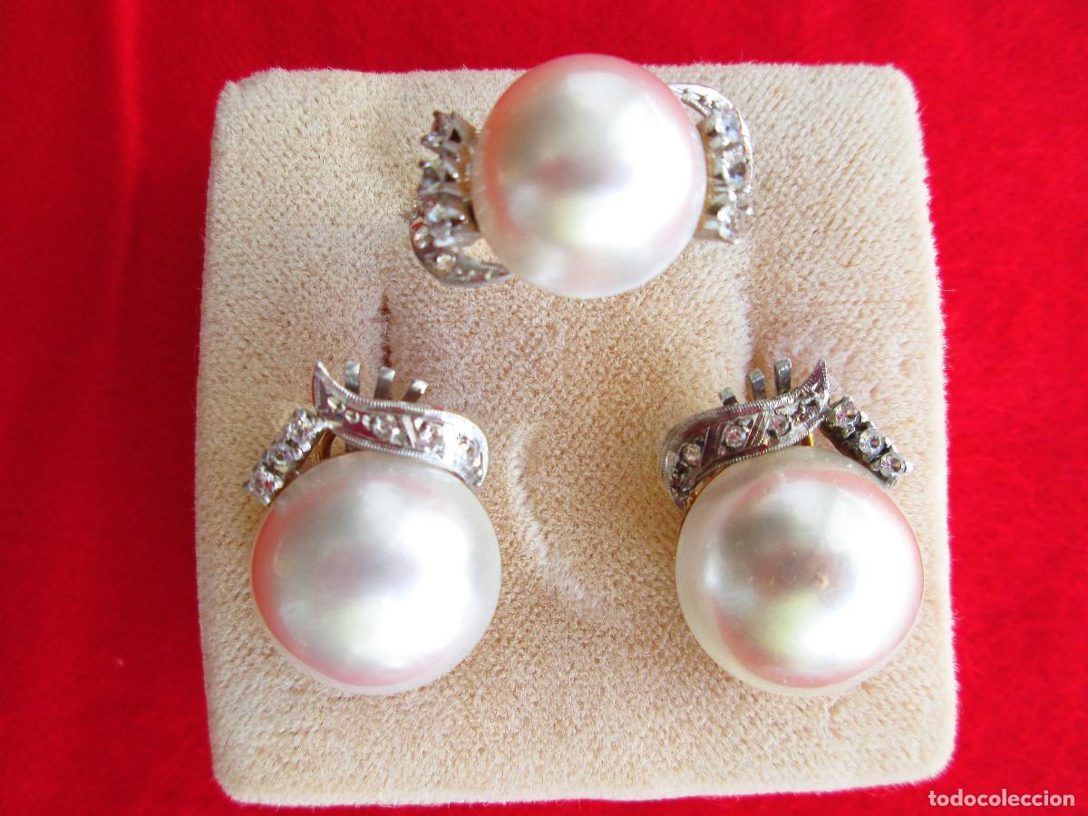 Schmuck: CONJUNTO PENDIENTES Y ANILLO ORO 18 KLTS. BICOLOR CON CIRCONITAS Y GRANDES PERLAS - SIN ESTRENAR -