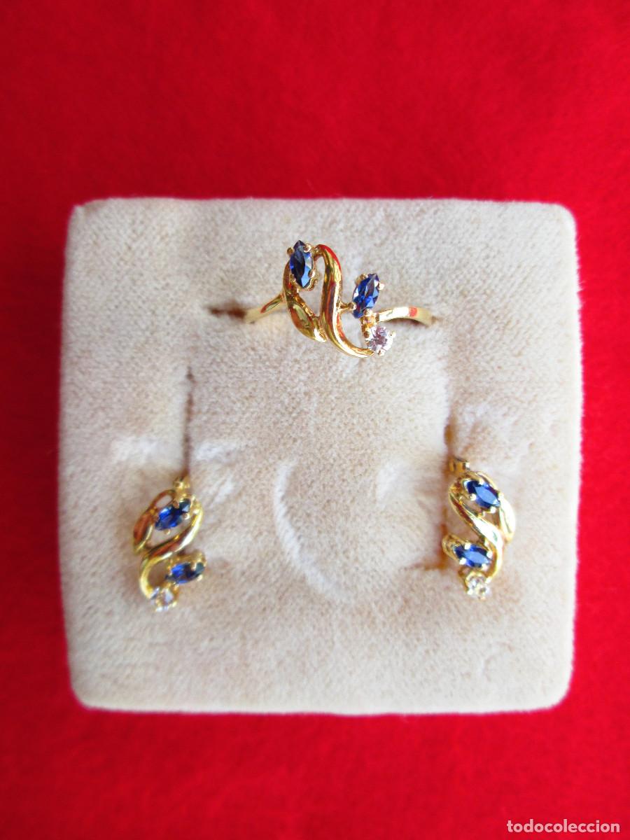 Schmuck: CONJUNTO PENDIENTES Y ANILLO ORO 18 KLTS. CON CIRCONITAS Y PIEDRAS SEMIPRECIOSAS AZULES - SIN ESTREN