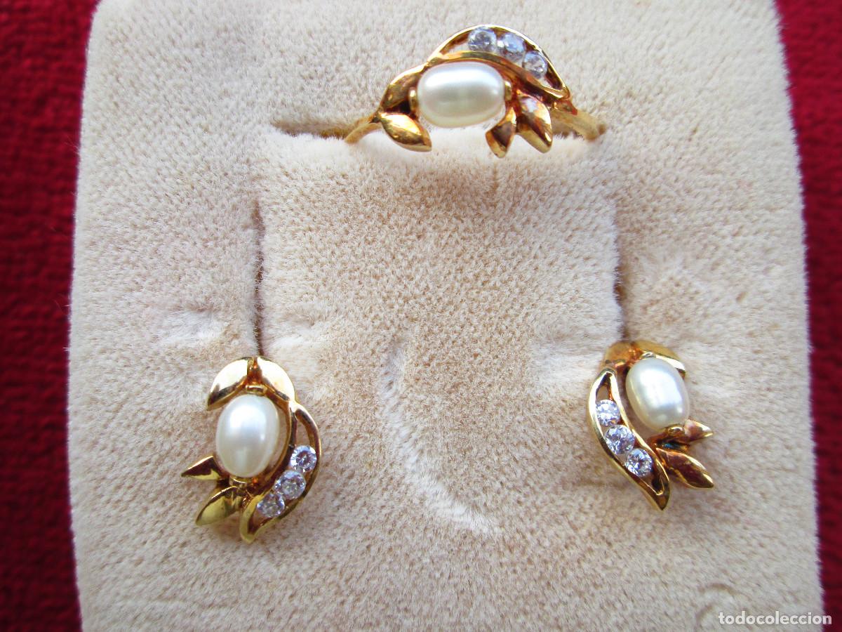Schmuck: CONJUNTO PENDIENTES Y ANILLO ORO 18 KLTS. CON CIRCONITAS Y PERLAS - SIN ESTRENAR -