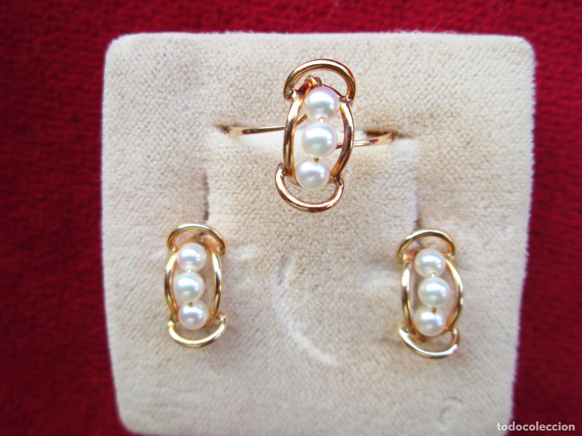 Schmuck: CONJUNTO PENDIENTES Y ANILLO ORO 18 KLTS. CON PERLAS - SIN ESTRENAR -
