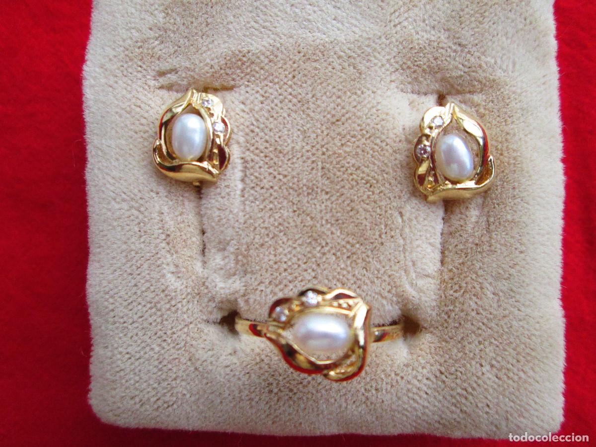 Schmuck: CONJUNTO PENDIENTES Y ANILLO ORO 18 KLTS. CON CIRCONITAS Y PERLAS - SIN ESTRENAR -