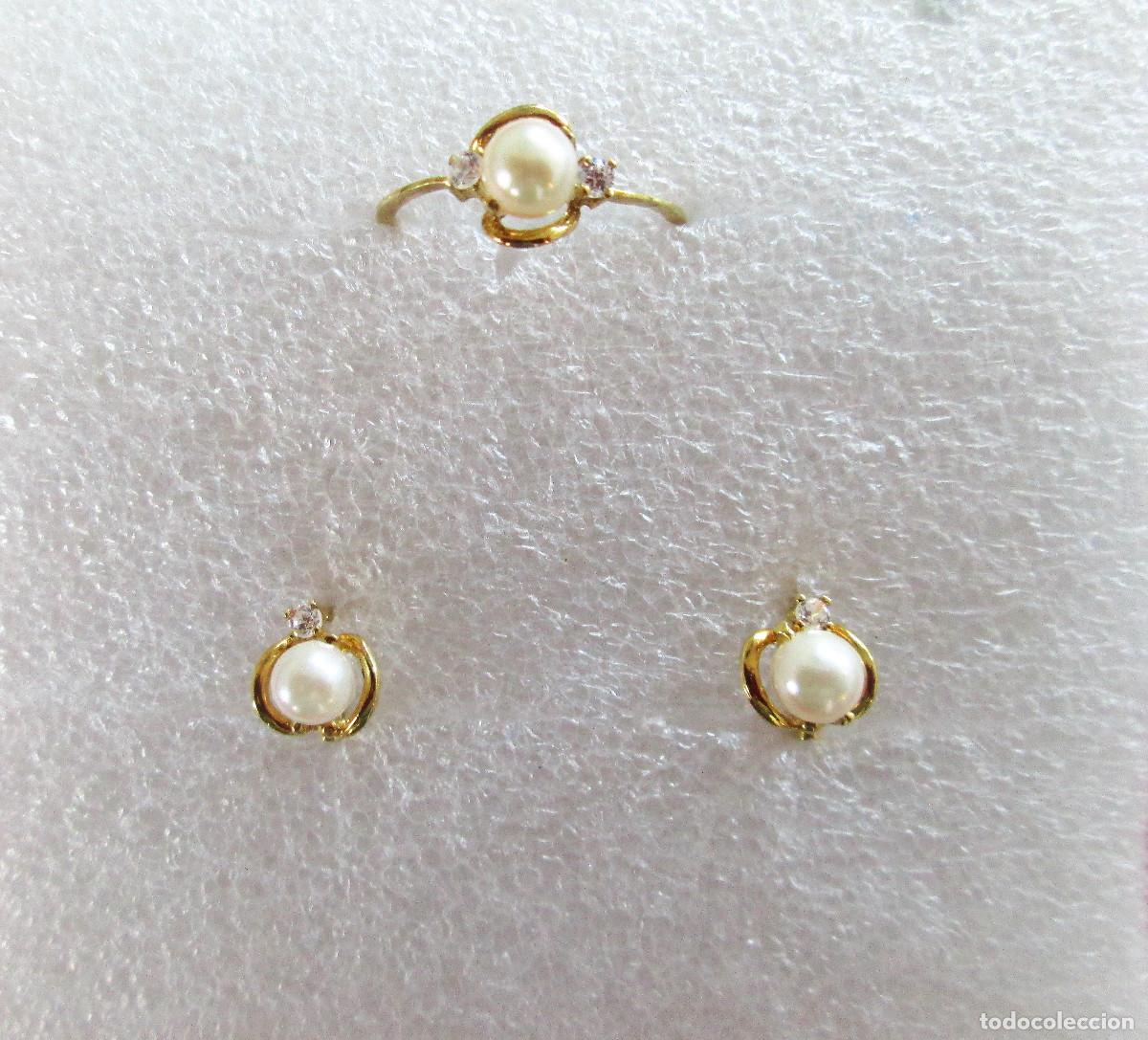 Schmuck: CONJUNTO PENDIENTES Y ANILLO ORO 18 KLTS. CON PERLAS Y CIRCONITAS - SIN ESTRENAR -