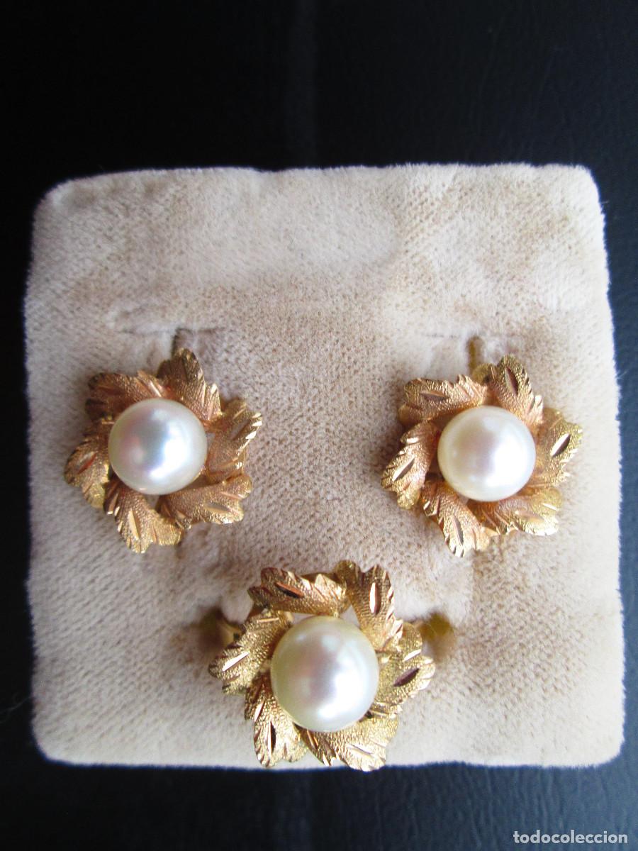 Schmuck: CONJUNTO DE PENDIENTES Y ANILLO ORO 18 KLTS. CON PERLAS - SIN ESTRENAR -