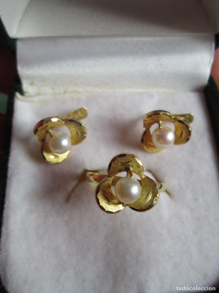 Schmuck: CONJUNTO PENDIENTES Y ANILLO ORO 18 KLTS. - TREBOL CON PERLAS - SIN ESTRENAR -