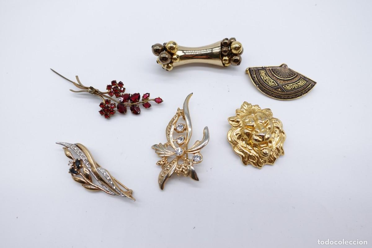 Gioielleria: LOTE 6 BROCHES BISUTER&Iacute;A VINTAGE DORADOS FLOR LE&Oacute;N CRISTALES Y PEDRER&Iacute;A