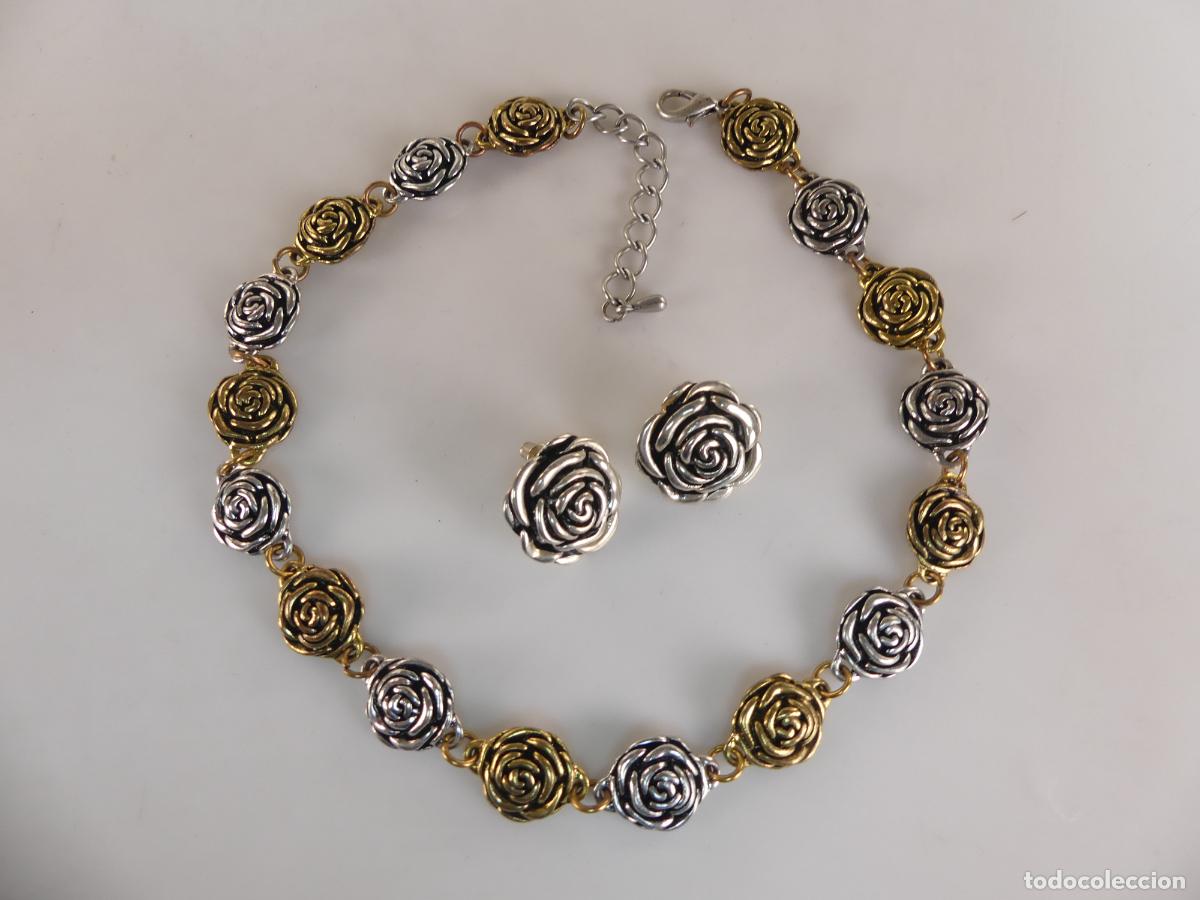 Schmuck: Collar y Pendientes de Metal Dorado y Plateado Rosas