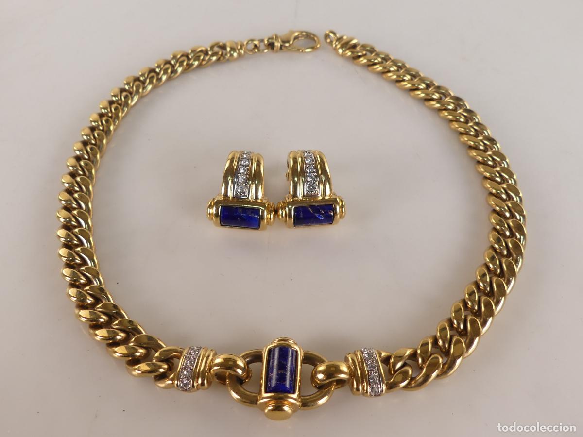Joaillerie: Collar y Pendientes Metal Dorado y Adornos Azules