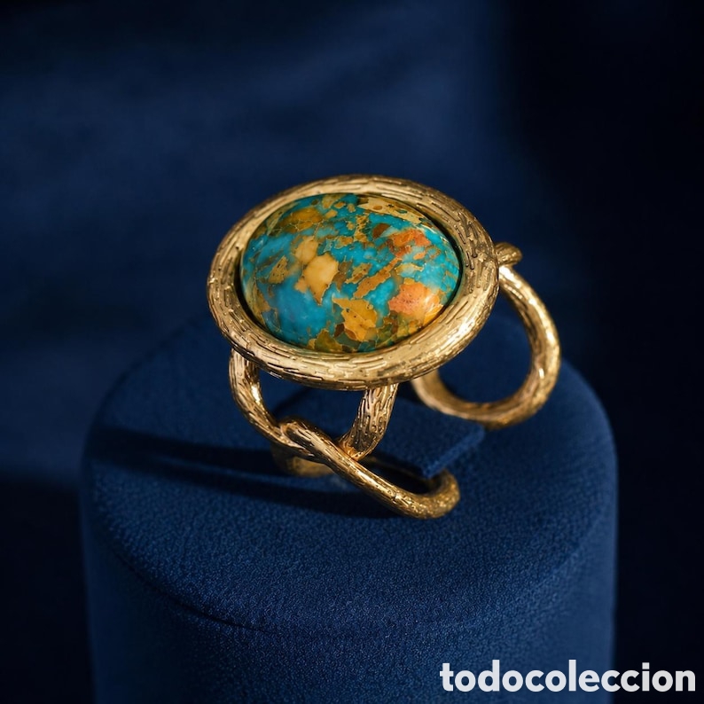 Joyeria: Gran Anillo Joya Turquesa Ajustable Chapado en Oro, Anillo C&oacute;ctel, Dise&ntilde;o Art&iacute;stico
