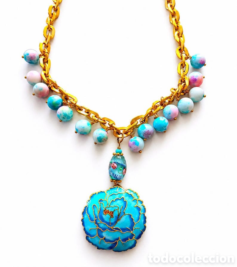 Joyeria: Collar rom&aacute;ntico de flor Cloisonn&eacute; con cuenta de cristal veneciano | Joya bohemia