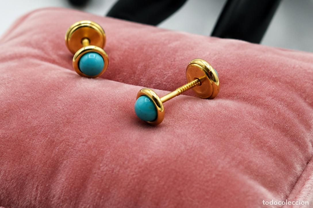 Joyeria: ORO 1&ordf; LEY 18 KT &middot; PENDIENTES CON DOSEL Y PEQUE&Ntilde;AS TURQUESAS &middot; DORMILONAS BEBE, NI&Ntilde;A.. JOYERIA 750