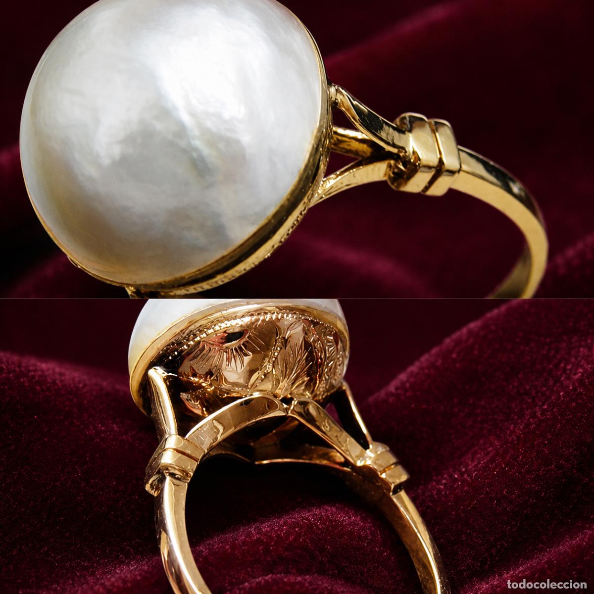 Joaillerie: ORO LEY 750: PESO 6.5 GRAMOS: IMPRESIONANTE SORTIJA JOYA MODERNISTA C1940 GRAN PERLA 15 MM Y ORO 18K