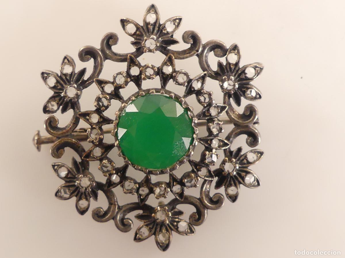 Jewelry: Broche Floral Adorno Verde Plata Antigua 8,44 gr.