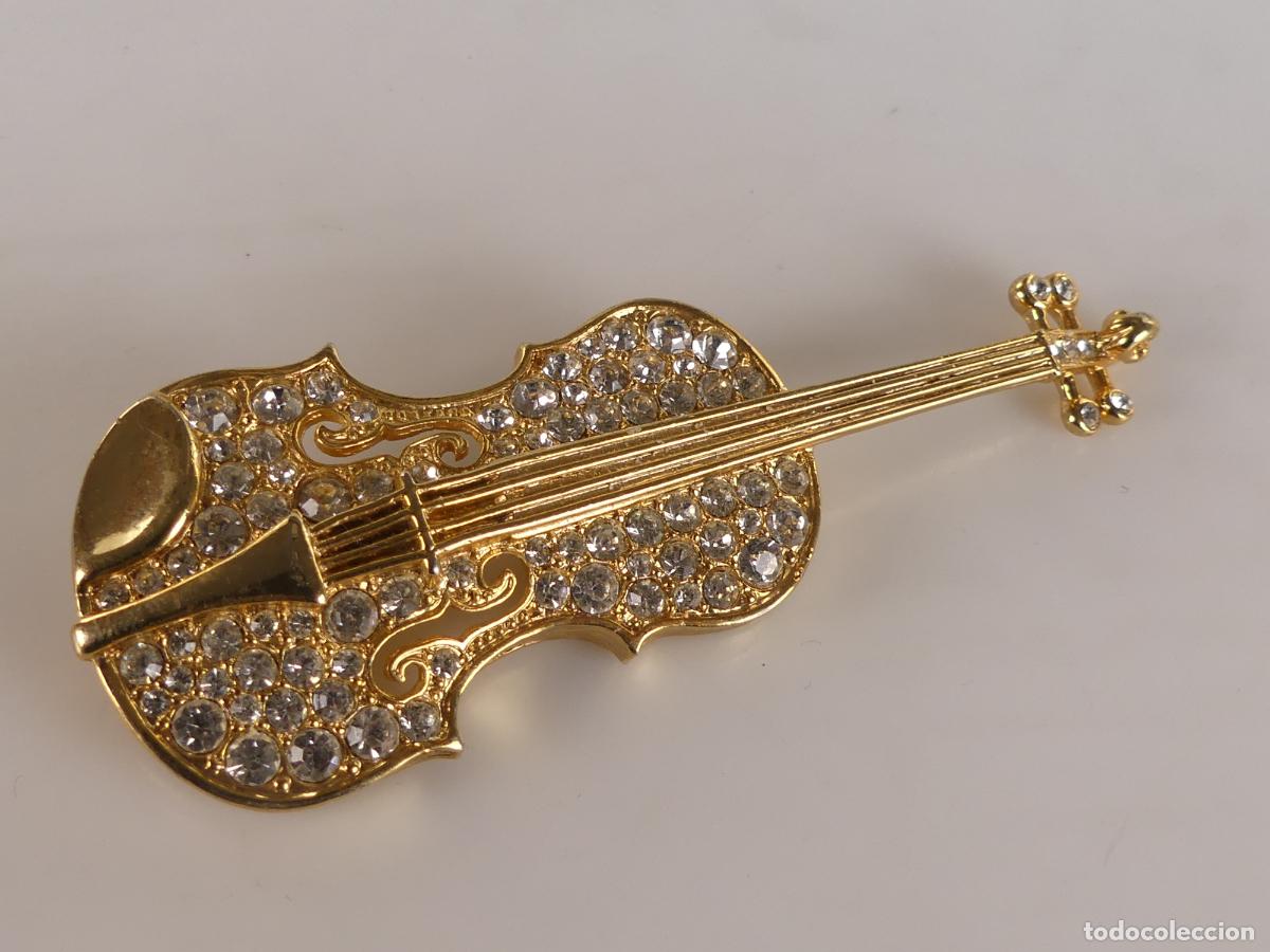 Jewelry: Broche Violin Metal Dorado y Cristalito