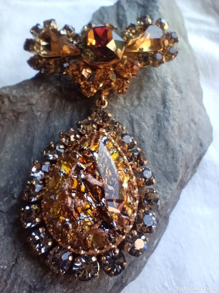 Joyeria: Broche Vintage A&ntilde;os 50/60 con Colgante de Vidrio de Murano y Aventurina Oro - Cristales Marquise y S