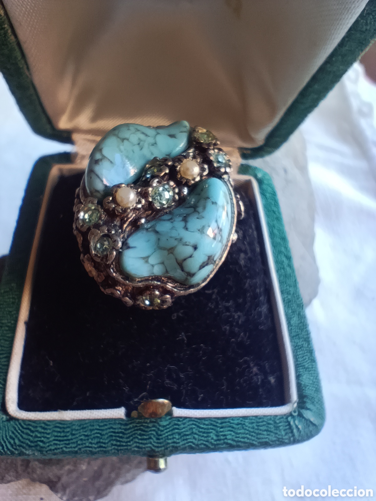 Joyeria: Gran Anillo de C&oacute;ctel Vintage Ajustable - Estilo Barroco con Turquesas de Imitaci&oacute;n y Strass azul