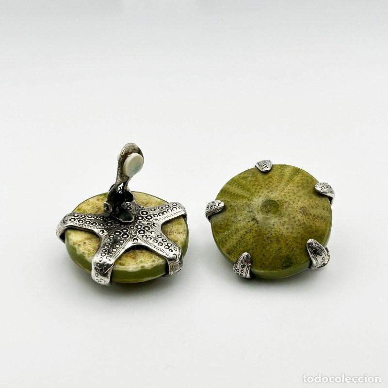 Joyeria: Pendientes clip porcelana erizo mar &middot; estrella plata de ley &middot; artesanal vintage