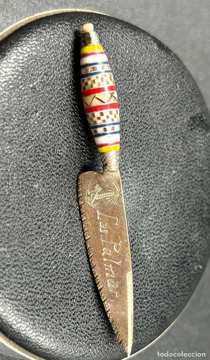 Joyeria: Raro broche de solapa de cuchillo Canario de las Palmas en plata y esmaltes