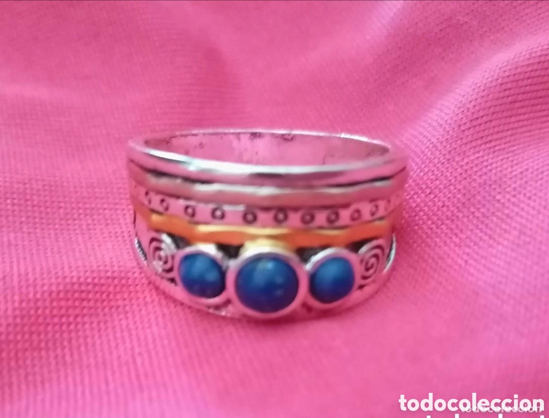 Joyeria: Original anillo &eacute;tnico dorado, plateado y azul. 19mm di&aacute;m. 1,3cm ancho. Muy bonito